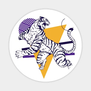 Retro Purple & Gold Tiger on the Attack // Vintage Geometric Shapes Background Magnet